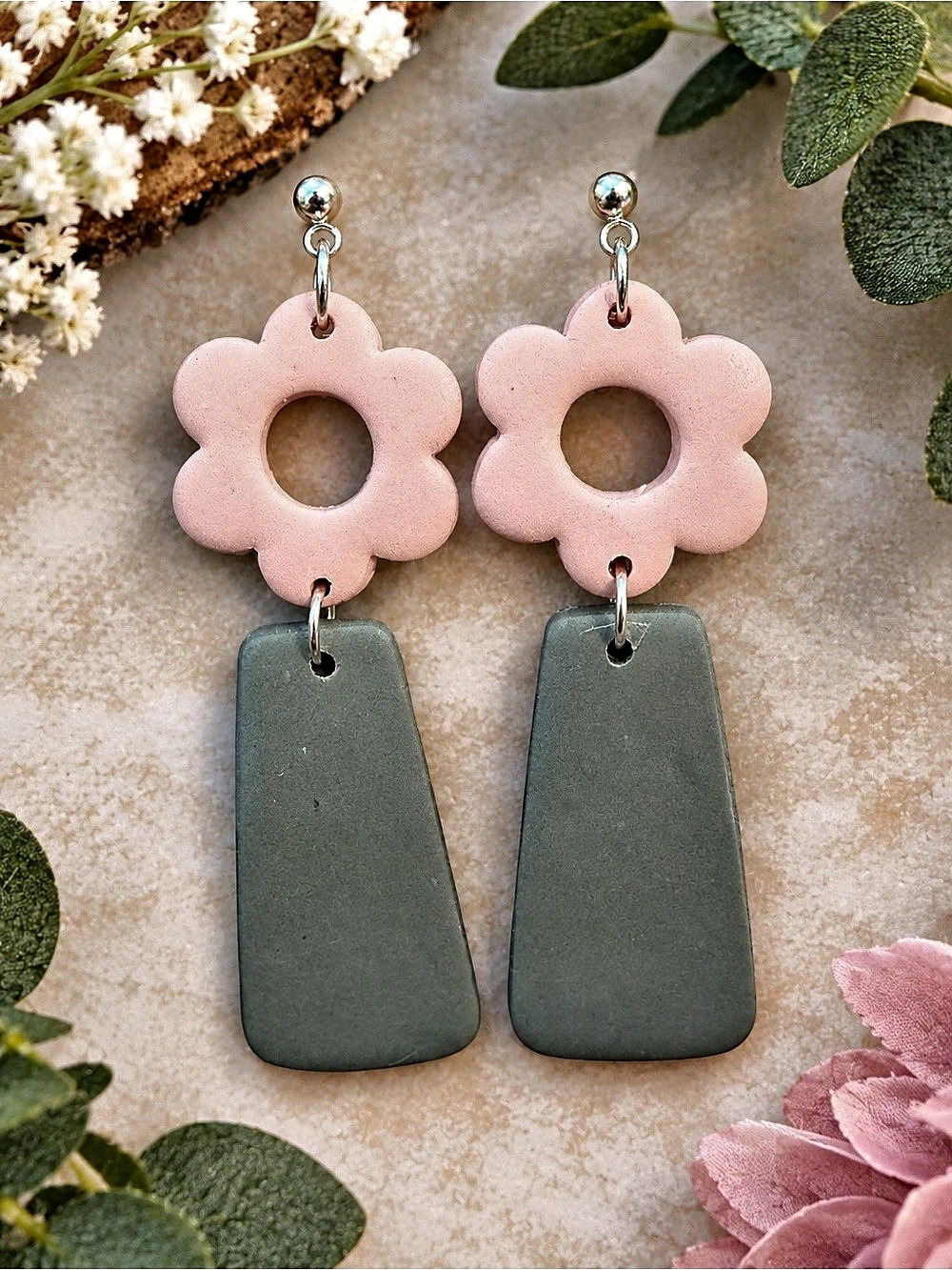 Pink & Green Flower Dangle Handmade Polymer Clay Earrings